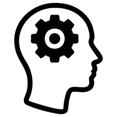 Outline of a head with a gear inside representing thinking process and mental activity shown in black on transparent background
