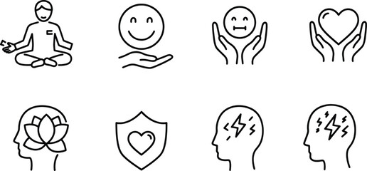 Mindfulness, Meditation, and Emotional Well-being A Collection of Line Art Icons