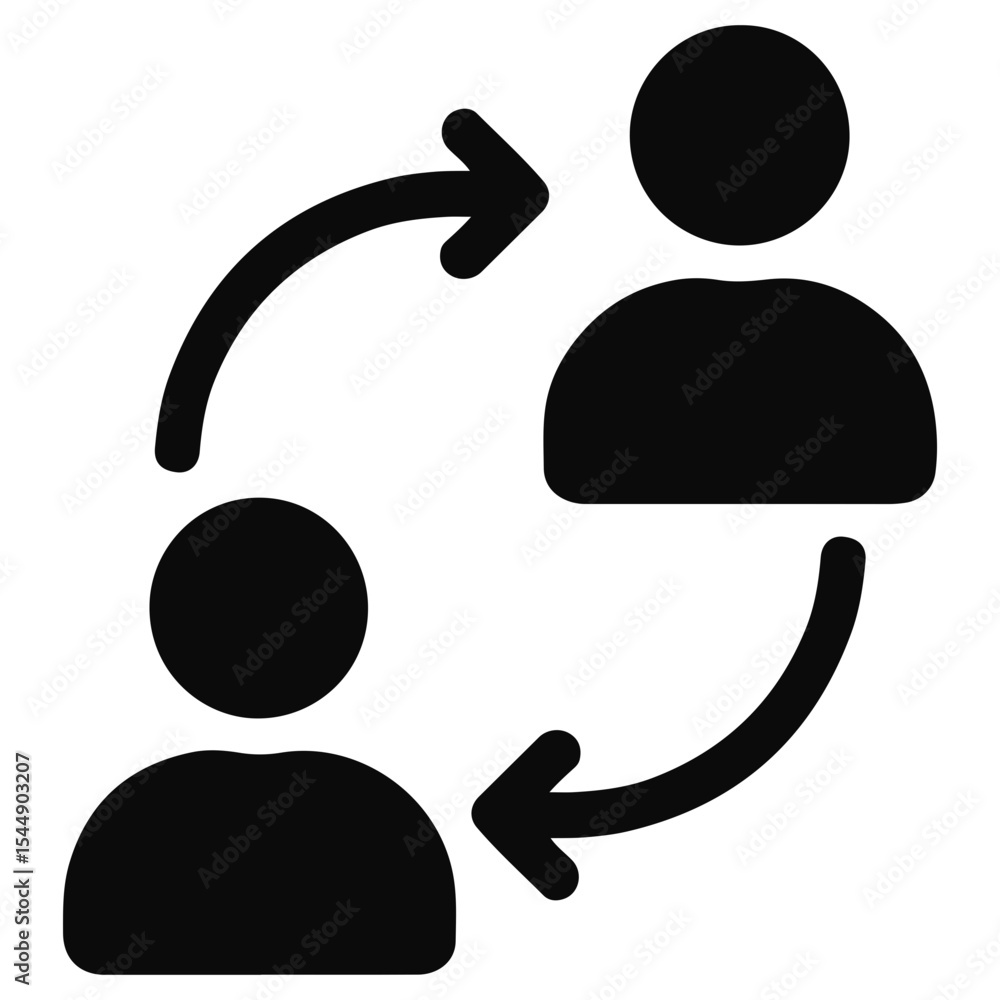 Poster two people icons connected by curved arrows indicating a transfer or exchange between them both on t