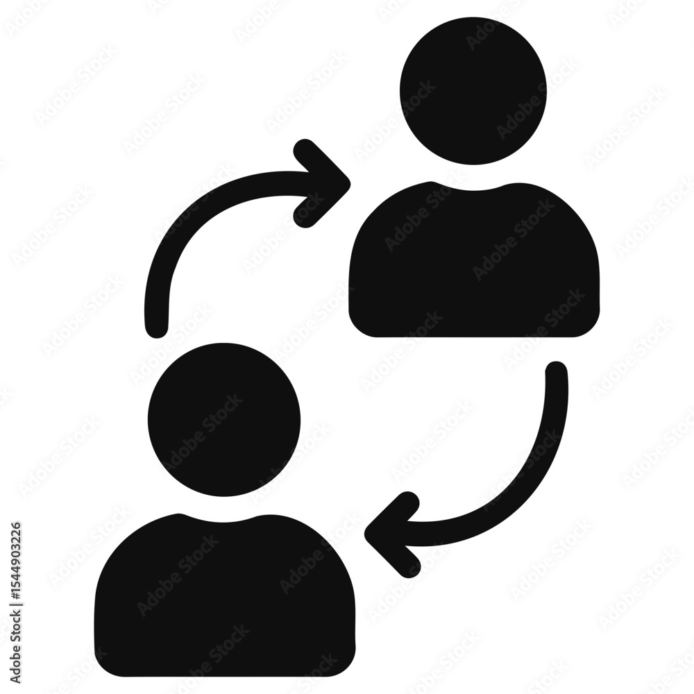 Poster two stylized figures connected by curved arrows implying exchange or interaction process flow diagra