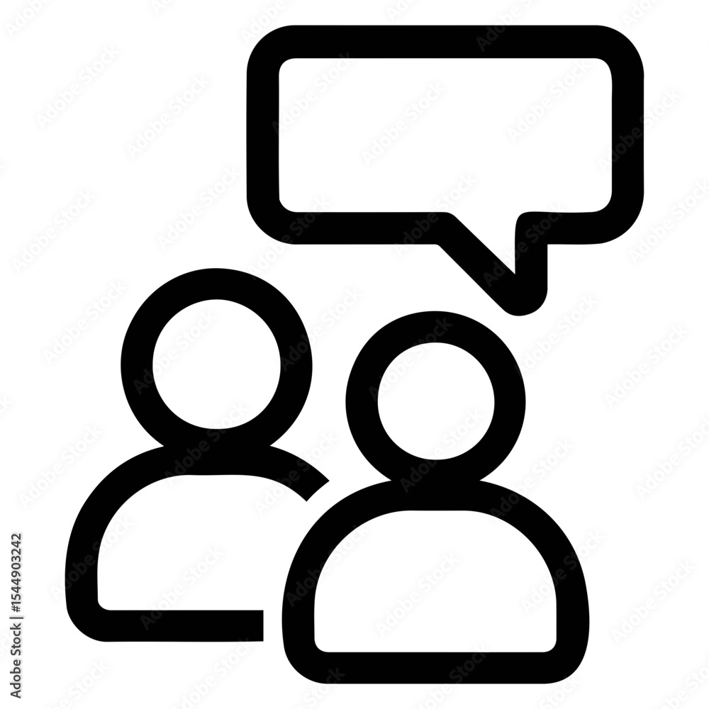 Poster two stylized figures with circular heads and a speech bubble above them in black outline on transpar