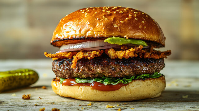 Delicious gourmet hamburger with fresh ingredients on a rustic wooden table for food photography.