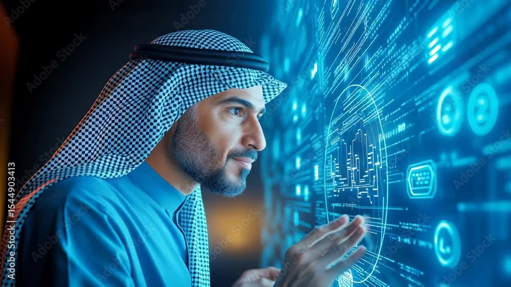 Poster mature man in traditional arabic attire interacting with futuristic holographic digital screen displ