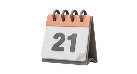3D Render of a Desk Calendar:  Day 21 Icon, Minimalist Design, Appointment Reminder