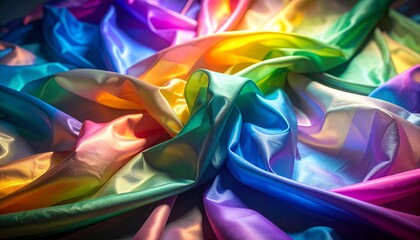 Crinkled sheer fabric layered over lightbox, producing soft rainbow shimmer across its folds in a minimal studio setting. 