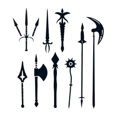 Sword black weapon outline vintage icon set military linear isolated cartoon sign antique military design hatchet war old symbol sharp blade ancient long handle hatchet knight metal mace history
