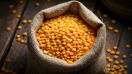 Yellow Lentils in Burlap Sack on Wooden Background