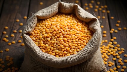 Yellow Lentils in Burlap Sack on Wooden Background