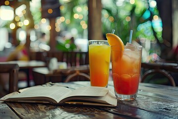 Pixel Perfect Picture of Open Book and Fresh Juices in Cafe