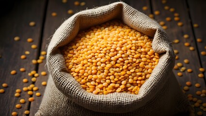 Yellow Lentils in Burlap Sack on Wooden Background