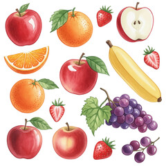 Types of Fruits Isolated on Transparent PNG Background - Watercolour Art