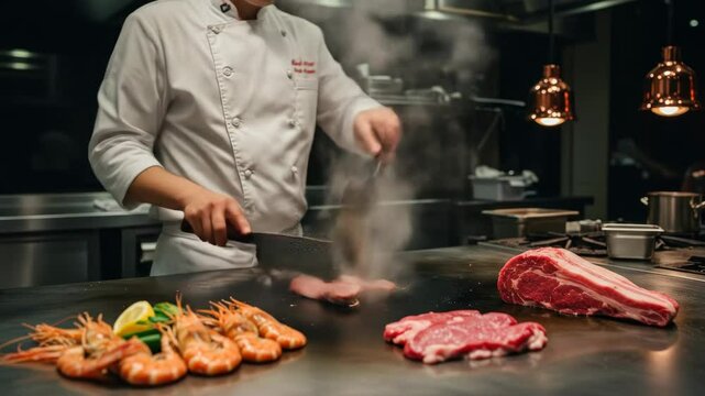 Chef preparing gourmet steak and seafood on a teppanyaki grill - A skilled chef expertly cooks premium cuts of steak and succulent shrimp on a hot teppanyaki grill. Steam rises from the sizzling meats