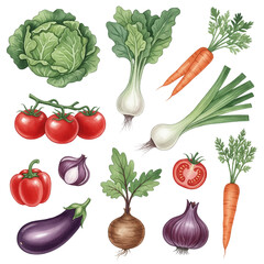 Types of Vegetables Isolated on Transparent PNG Background - Watercolour Art