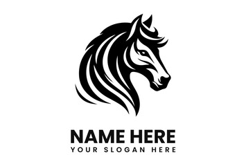 Fototapeta premium A stylized black and white horse head logo with flowing mane and text.