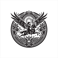 Obraz premium A woman riding a winged horse, encircled by an ornate, celestial design.