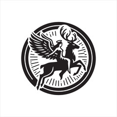 A stylized emblem of a winged woman riding a deer, radiating a sense of ethereal grace.