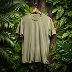 Olive Green T Shirt on Hanger Surrounded by Lush Tropical Foliage