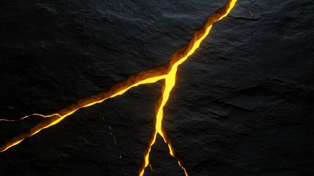 Glowing Crack in Dark Rock - A vibrant, golden light emanates from a deep crack in a dark, rough stone surface. The crack branches into two
