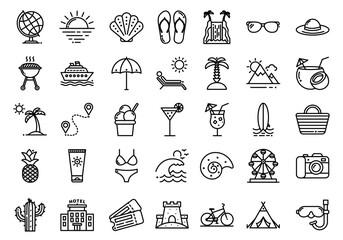 Summer vacation icons set in black line art style on white background  