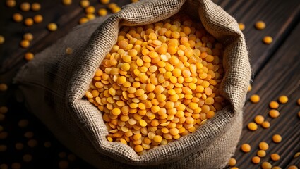 Yellow Lentils in Burlap Sack on Wooden Background