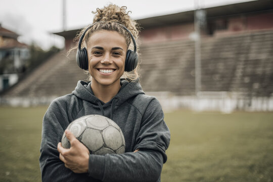 Confident female soccer player smiling with ball on training ground

