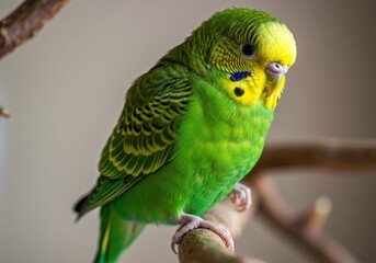 Fototapeta premium Vibrant green budgerigar perched on a branch, showcasing its colorful feathers