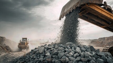 The conveyor system pours crushed stone into the quarry pit, highlighting the scale and efficiency of modern mining.
