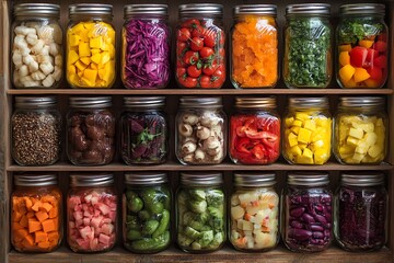 Colorful Food in Glass Jars Arranged in a Grid