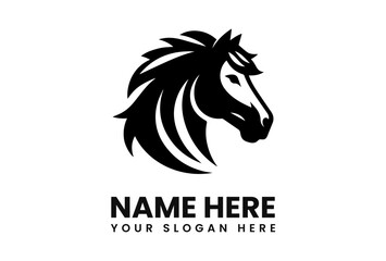 Black and white graphic of a horse head, stylized with flowing mane.