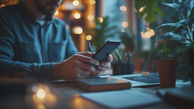 a man using smartphone for business planning in the morning