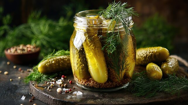 A jar of preserved gherkins in brine with dill and mustard seeds captures traditional pickling at its finest.
