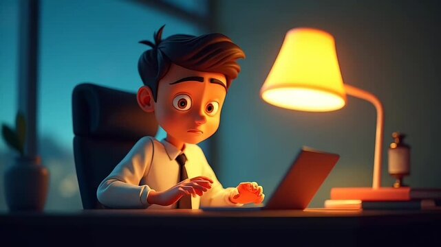A 3D cartoon-style illustration of a boy with an expressive face, intently using a laptop at a desk under a lamp at night.