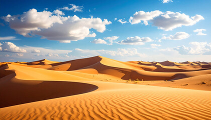 Generated image Golden sand dunes and fluffy clouds in the sky sahara