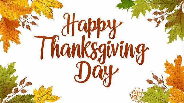 Happy Thanksgiving Day greeting with autumn leaves on white background  
