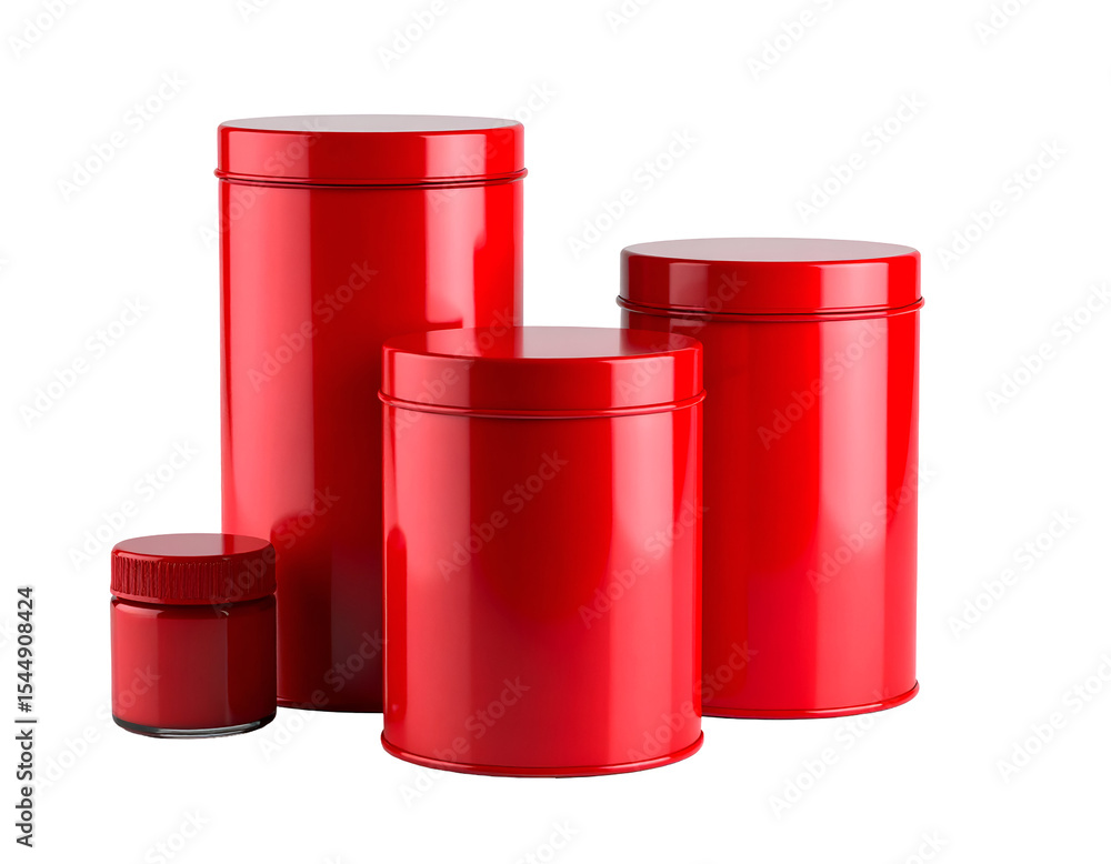 Poster various sizes of bright red cylindrical containers presented on a transparent background minimalist 