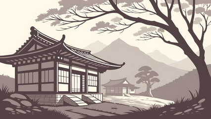 Korean Sunrise Village in Ink Art