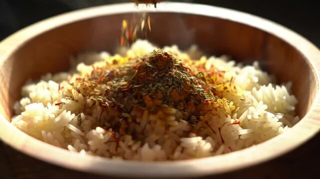 Close up of a wooden bowl filled with rice and spices ready to be served for a delicious meal
