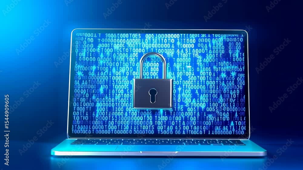 Poster laptop with digital lock symbolizing cybersecurity, binary code background in blue tones, glowing sc