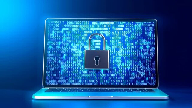 Laptop with digital lock symbolizing cybersecurity, binary code background in blue tones, glowing screen representing online protection and data privacy.