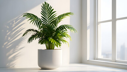 Fototapeta premium Palm plant in a white pot sits near a bright window indoors