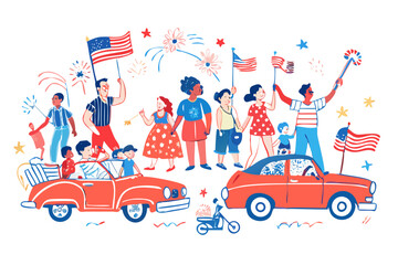 Diverse crowd celebrating fourth of july with cars and fireworks