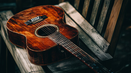 Fototapeta premium Acoustic guitar on wooden bench, detailed texture in warm light – timeless musical elegance