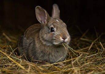 Fototapeta premium A close-up of a rabbit nibbling on hay in a rustic barn setting