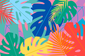 Fototapeta premium Brightly colored background decorated with tropical plants — Summer concept vector illustration.