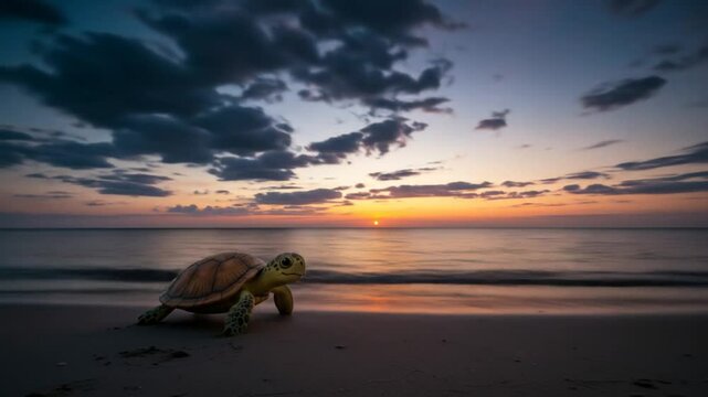 Sea Turtle's Serene Sunset: An unforgettable scene of a sea turtle observing a picturesque sunset over the ocean. A scene of tranquility and connection with nature