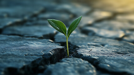 A small green plant is growing out of a crack in a concrete sidewalk. Concept of resilience and hope, as the plant is able to grow and thrive in an unlikely environment