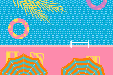 Swimming pool with float ring, sunshade, and outdoor chairs — Summer concept vector illustration.
