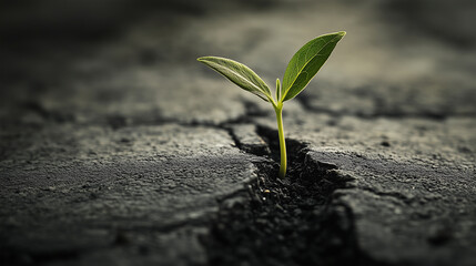A small green plant is growing out of a crack in a concrete sidewalk. Concept of resilience and hope, as the plant is able to grow and thrive in an unlikely environment