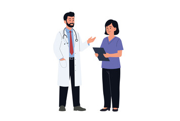 Doctor and nurse discussing medical healthcare vector illustration.