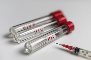 Medical equipment for health testing and disease diagnosis featuring syringe and vial with fluid...